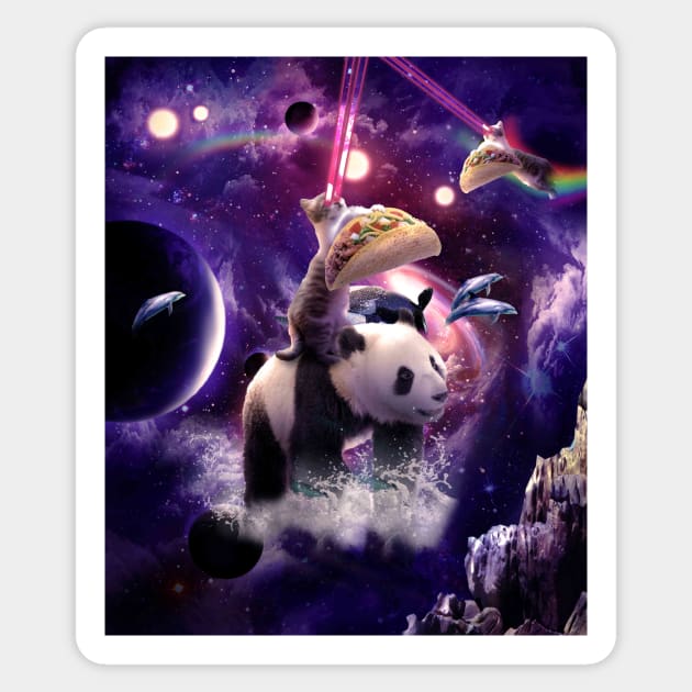 Rainbow Laser Space Cat On Panda Eating Taco Sticker by Random Galaxy